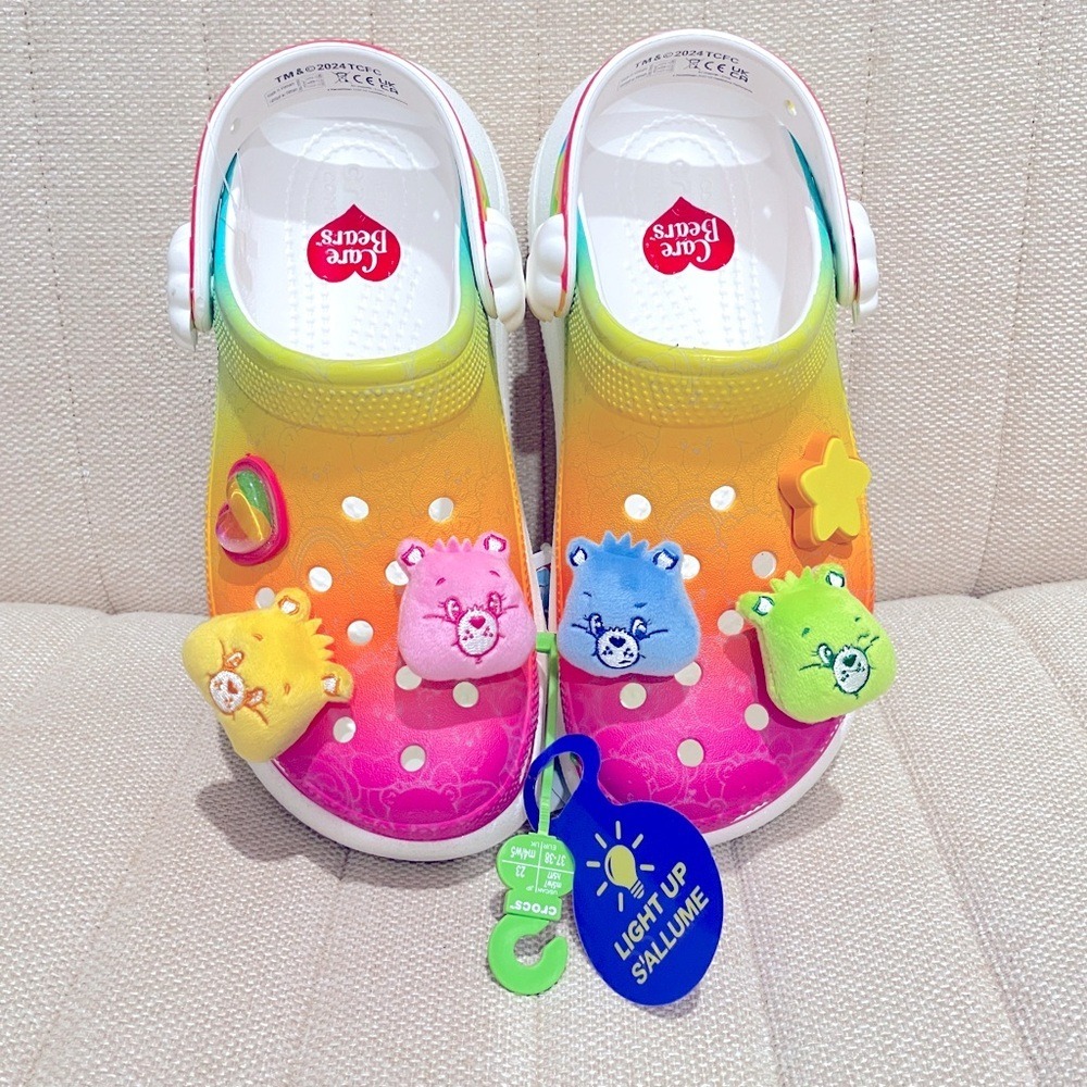 NEW Crocs Care Bears Rainbow Glitter Crush Clog Platform Light Up Charms Women 7
